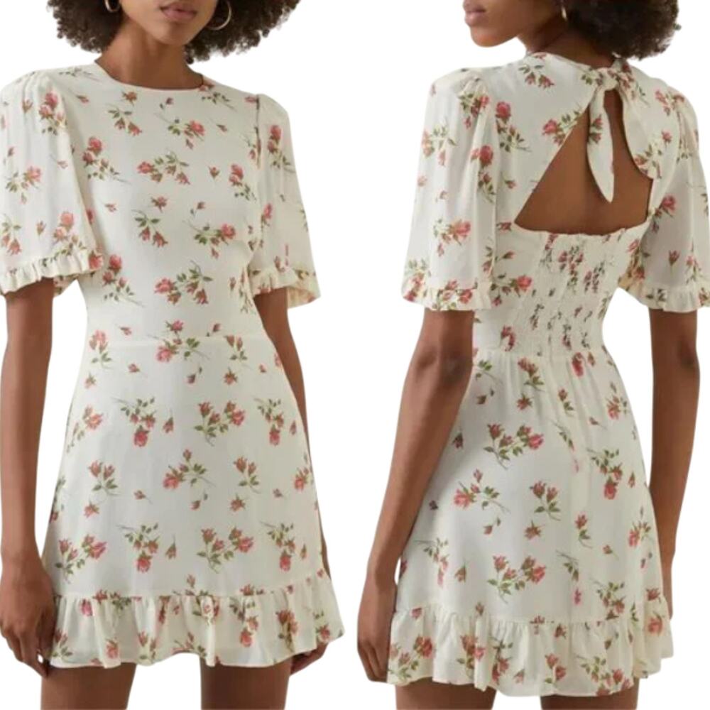 Reformation Pink Floral White Alaina Ruffle Mini Dress
